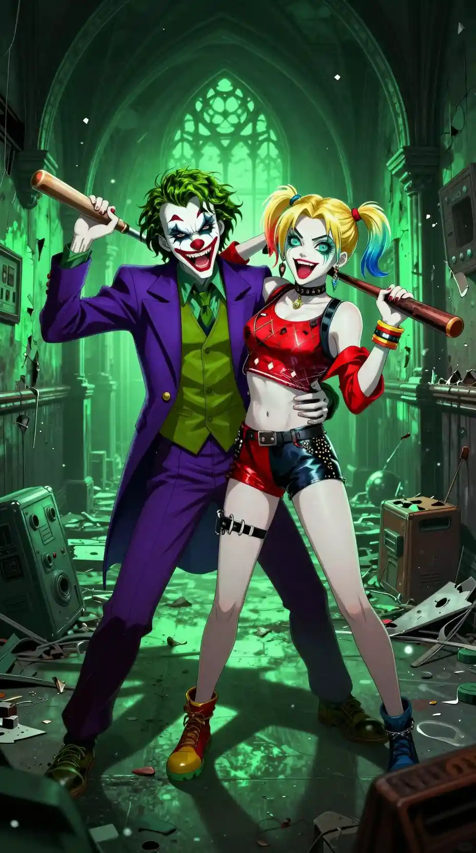 Anime villain couple in eerie asylum corridor scene