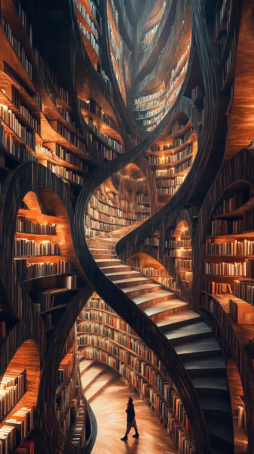 Percorso surreale di libri che serpeggia nello spazio con figura solitaria