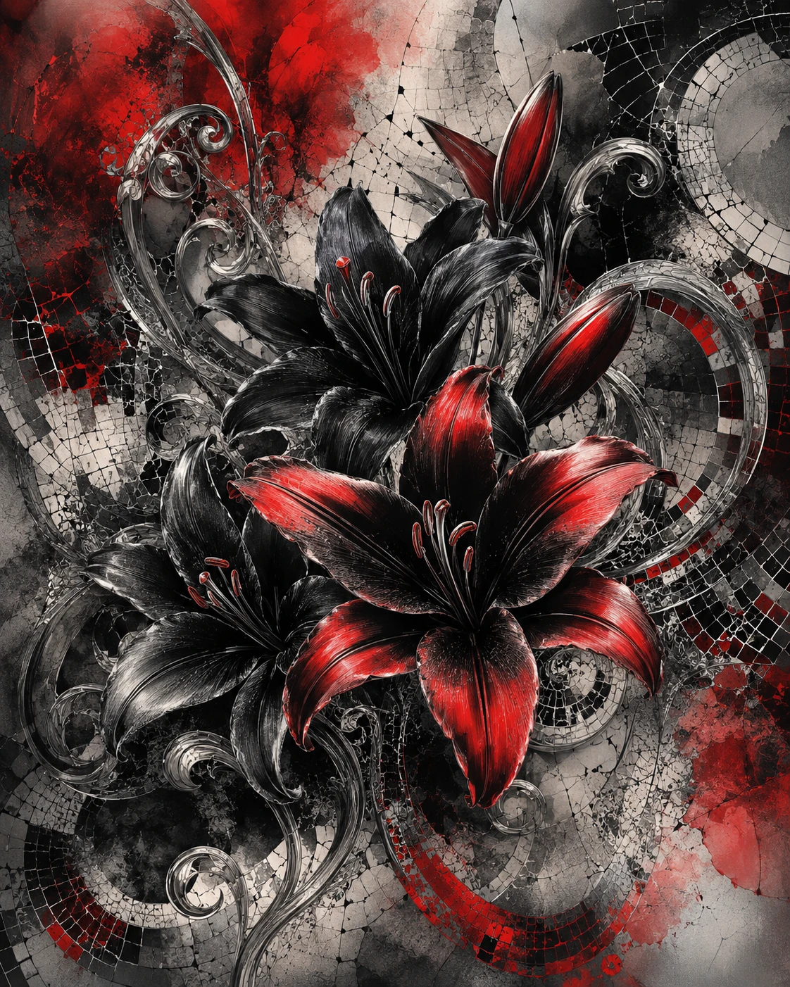 Black lilies on metallic mosaic abstract art board