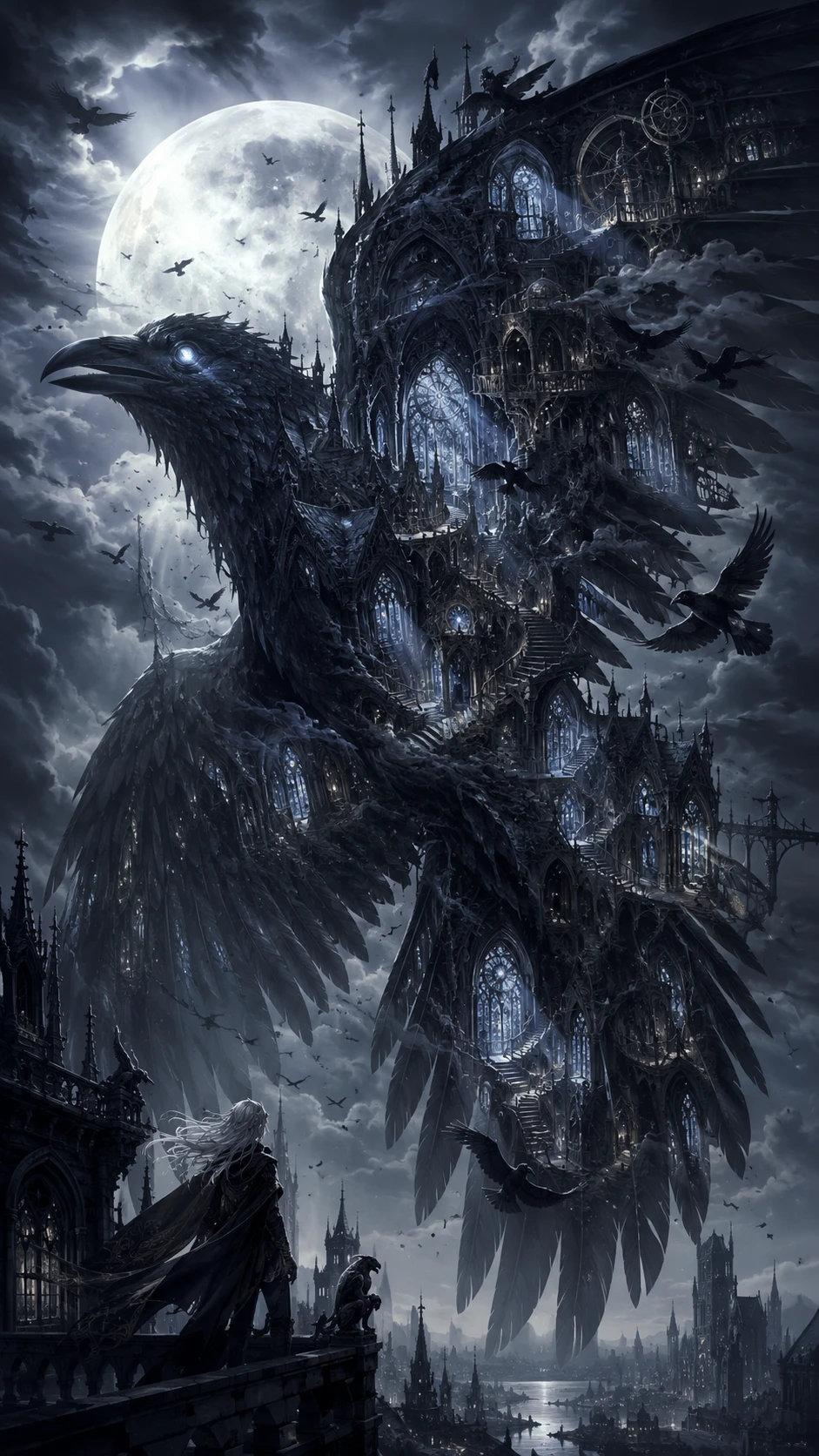 Gothic raven formed from shadow moonlight and cathedral