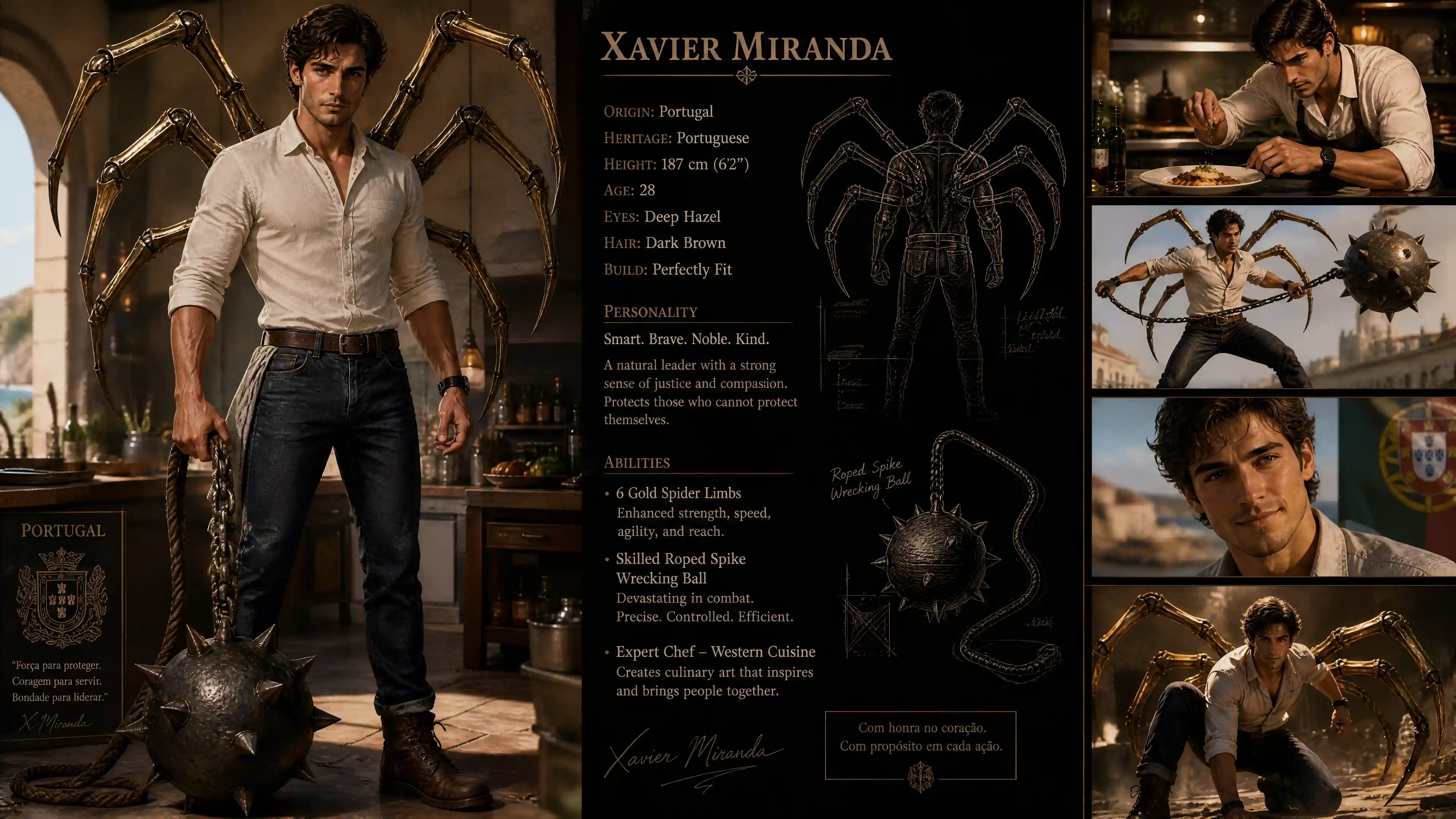 Heroic man with golden spider limbs and casual outfit