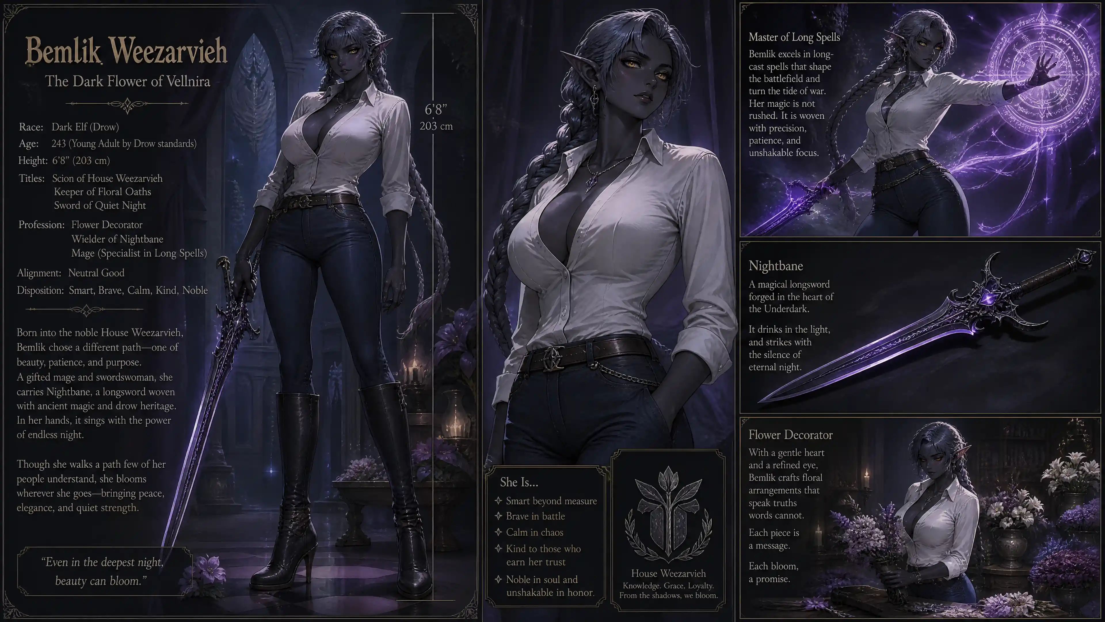 Tall dark elf woman with spellsword and casual outfit