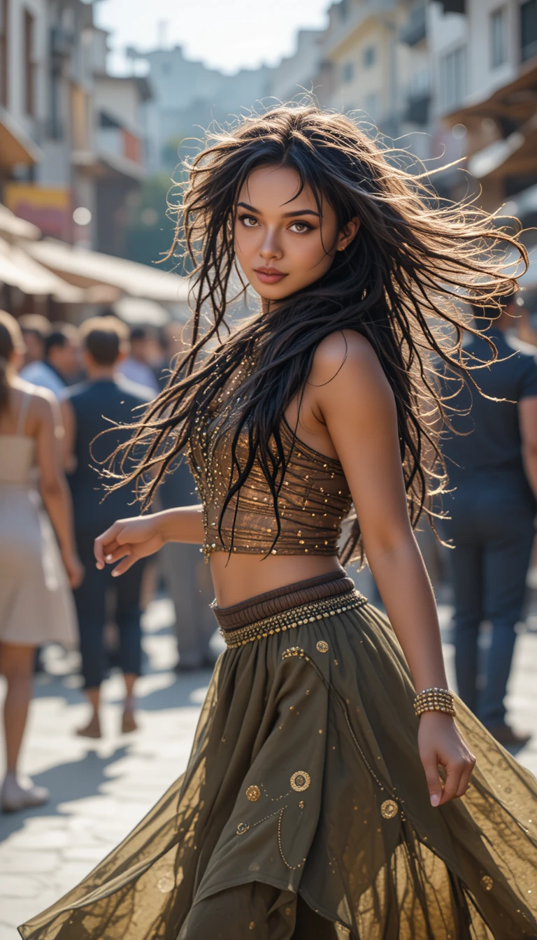 Young woman dancing playfully at a sunny street festival