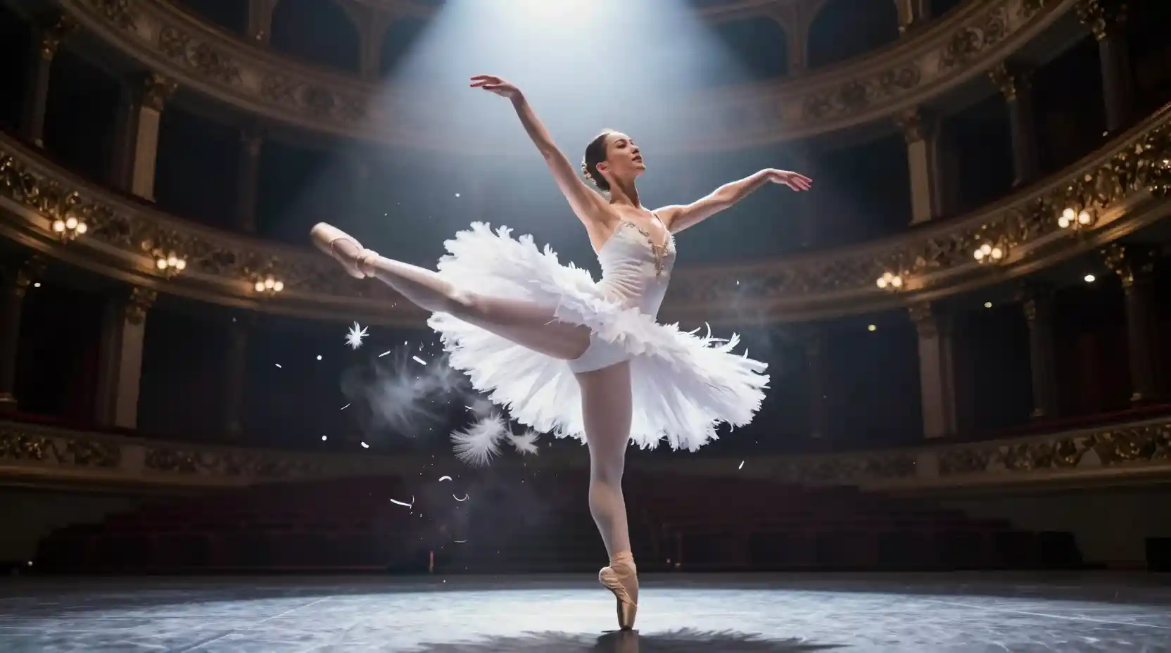 Ballerina leaping in spotlight on grand theater stage