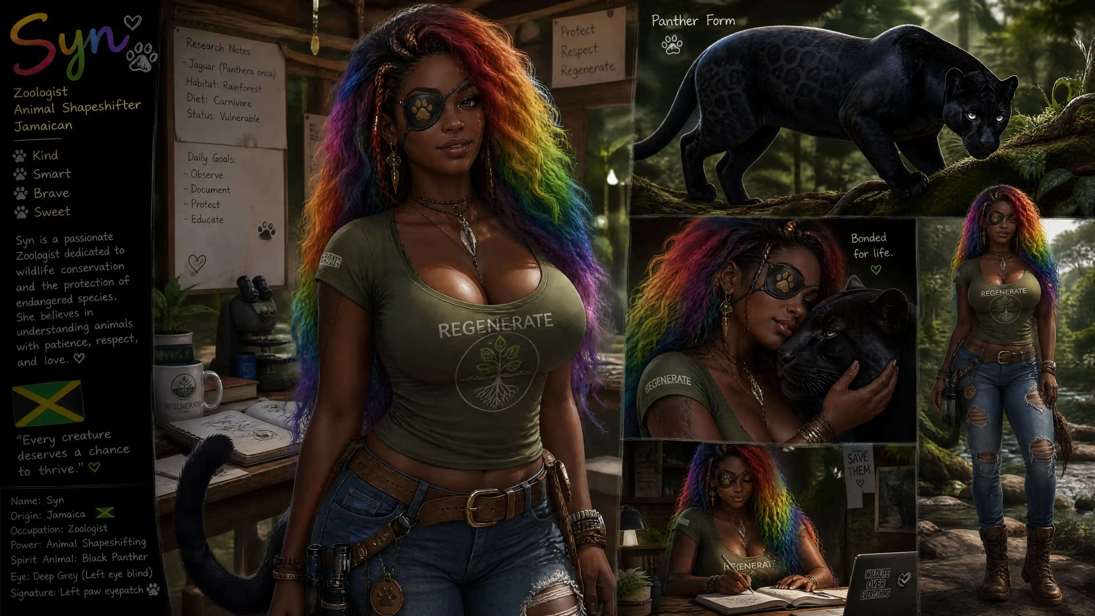 Brave Jamaican shapeshifter woman with rainbow hair and eye patch