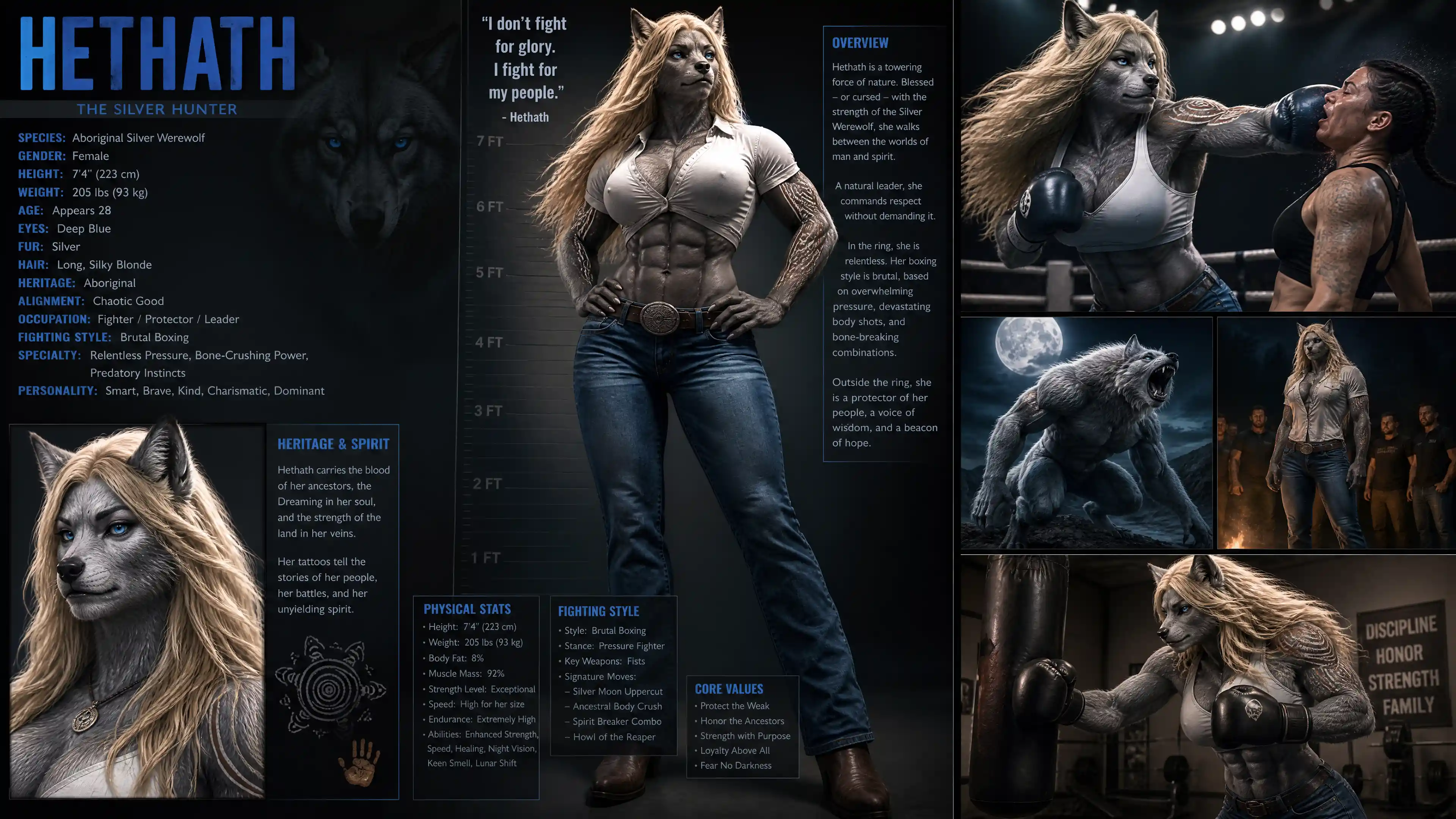 Tall silver werewolf woman in casual clothes ready to box