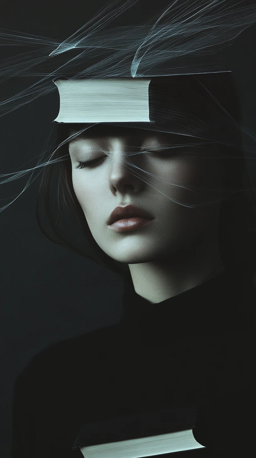 Minimal fashion portrait with floating books and light threads