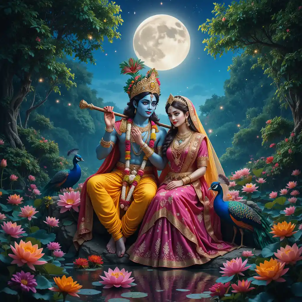 Divine couple in moonlit garden with flowers and peacocks