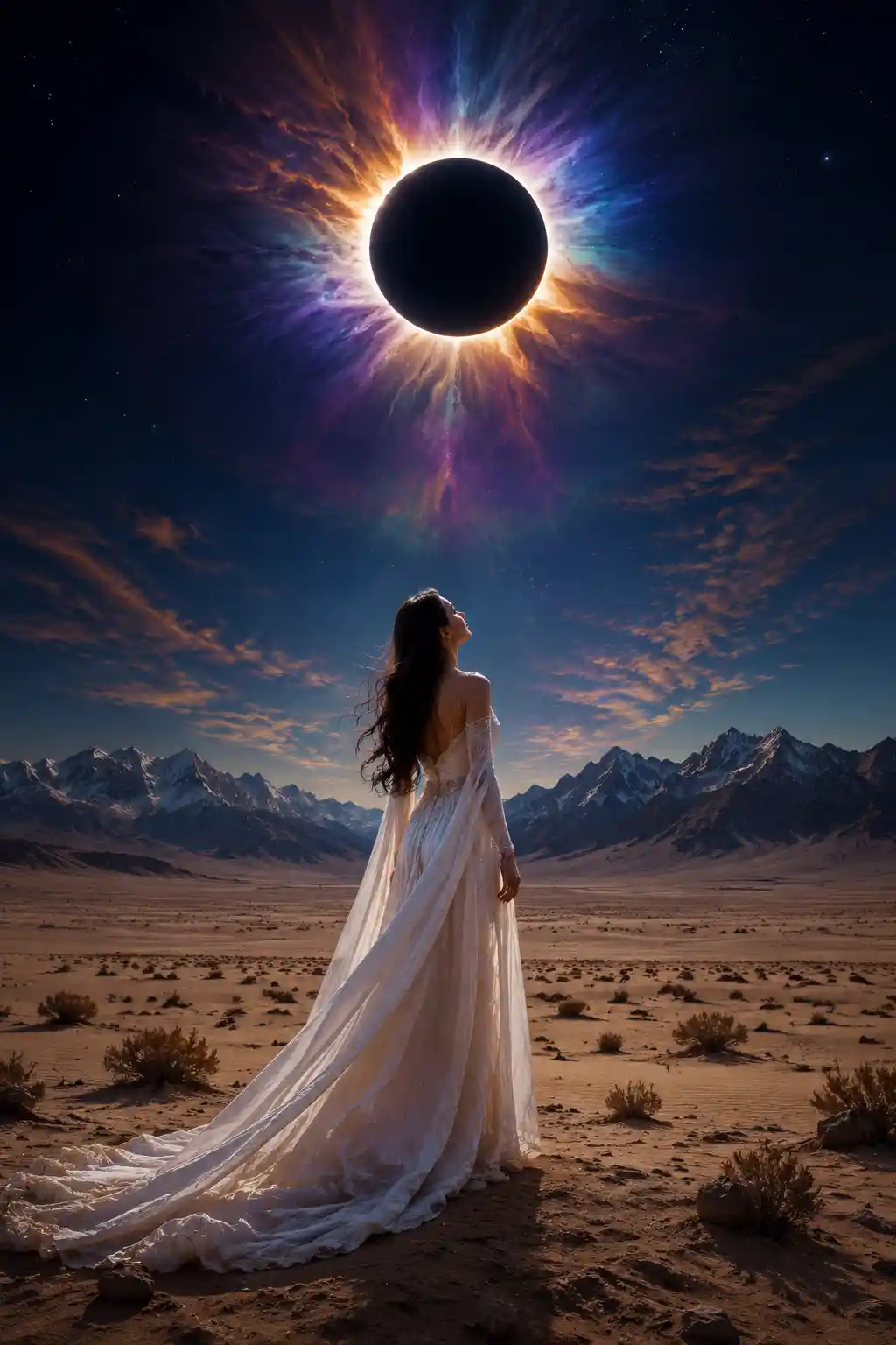Woman in white gown under a total solar eclipse