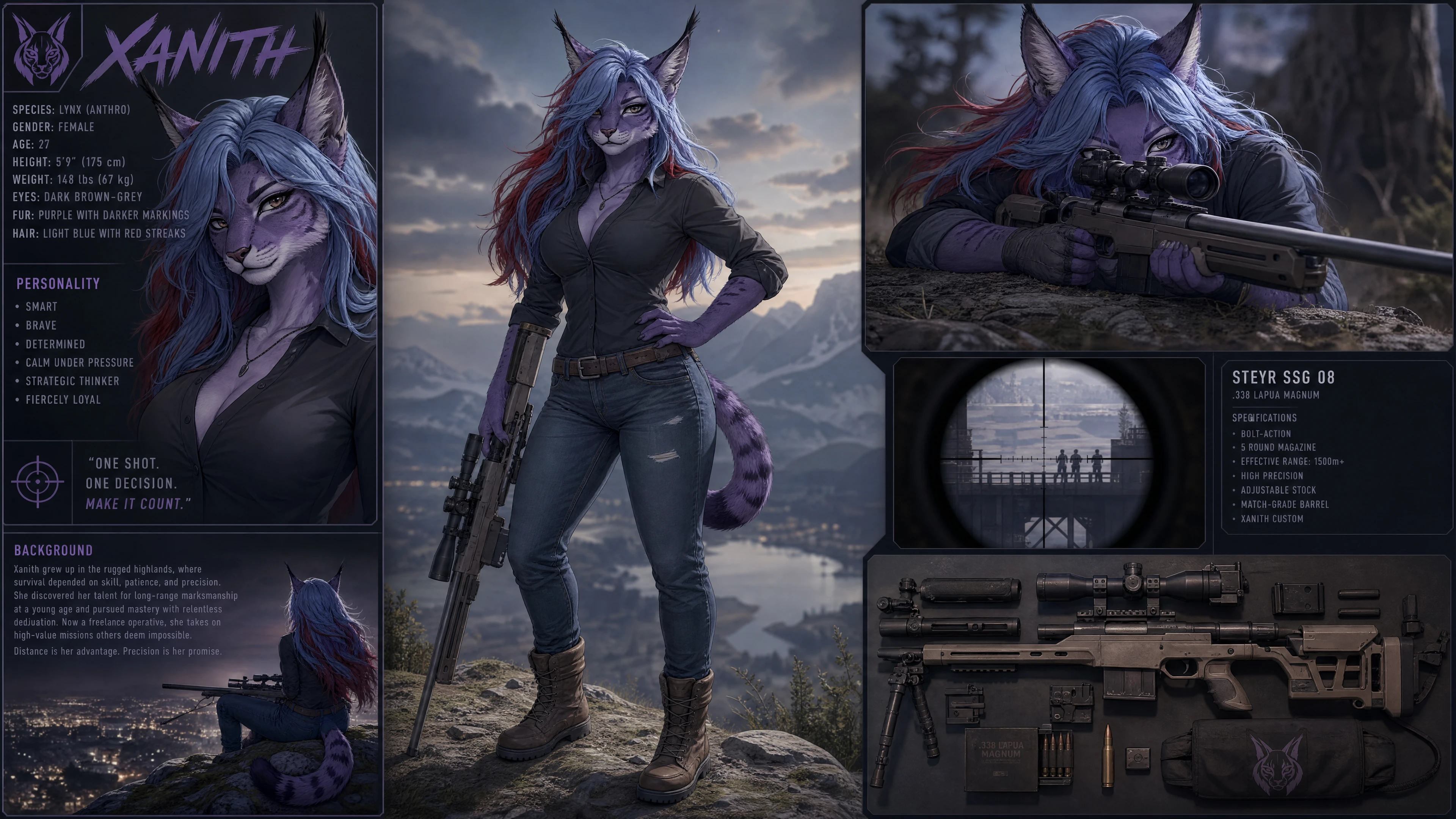 Purple lynx anthro sharpshooter in casual clothes with rifle