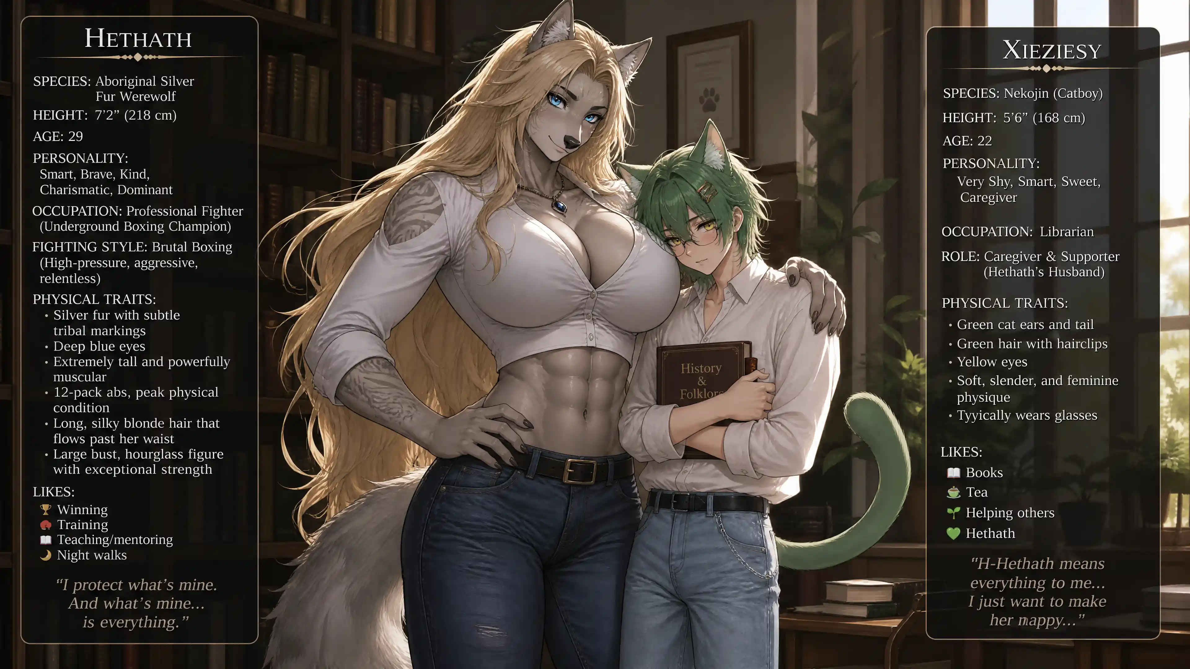 Tall silver werewolf woman in casual clothes with boxing build