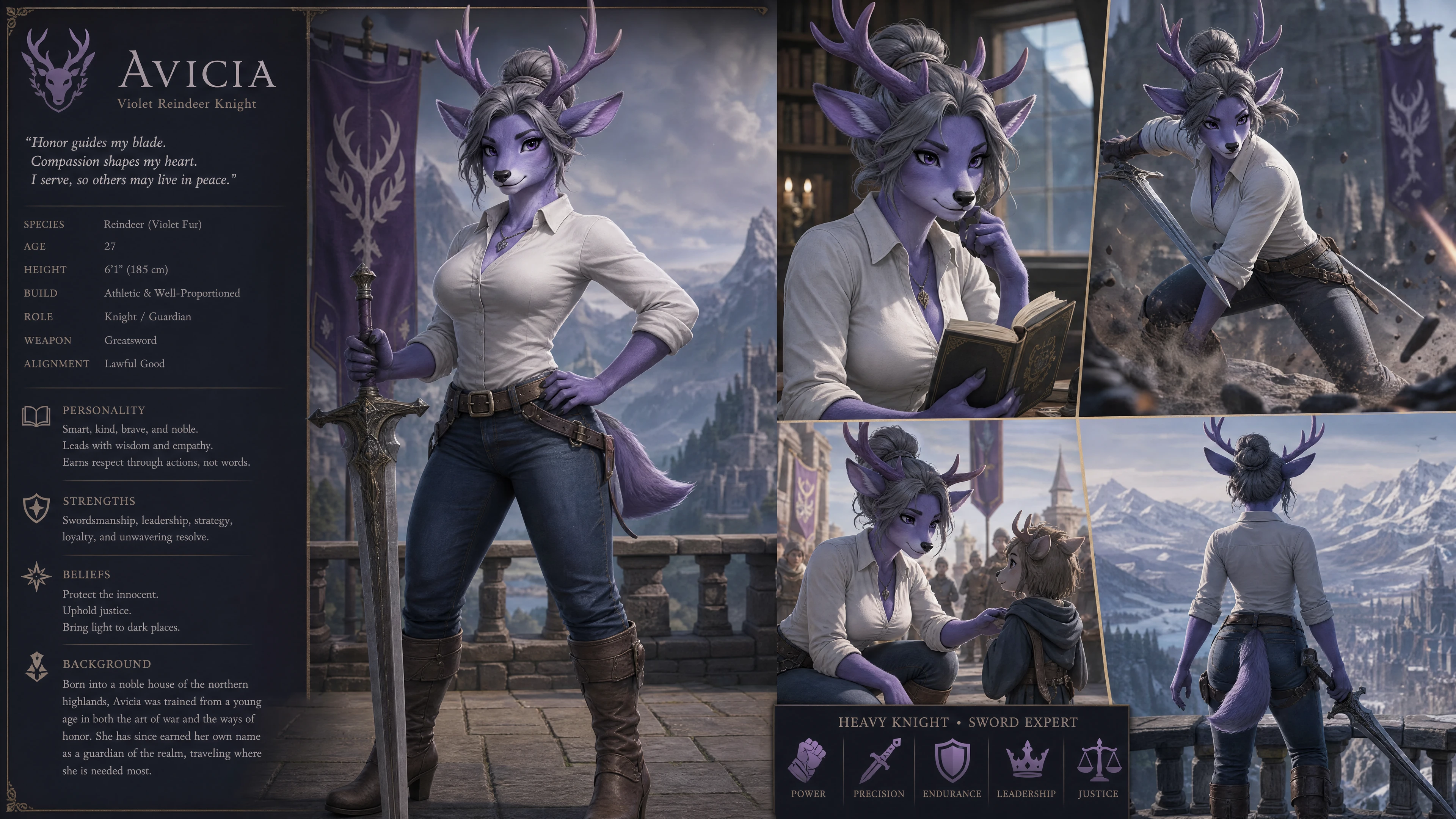 Noble violet reindeer warrior woman with sword in casual clothes