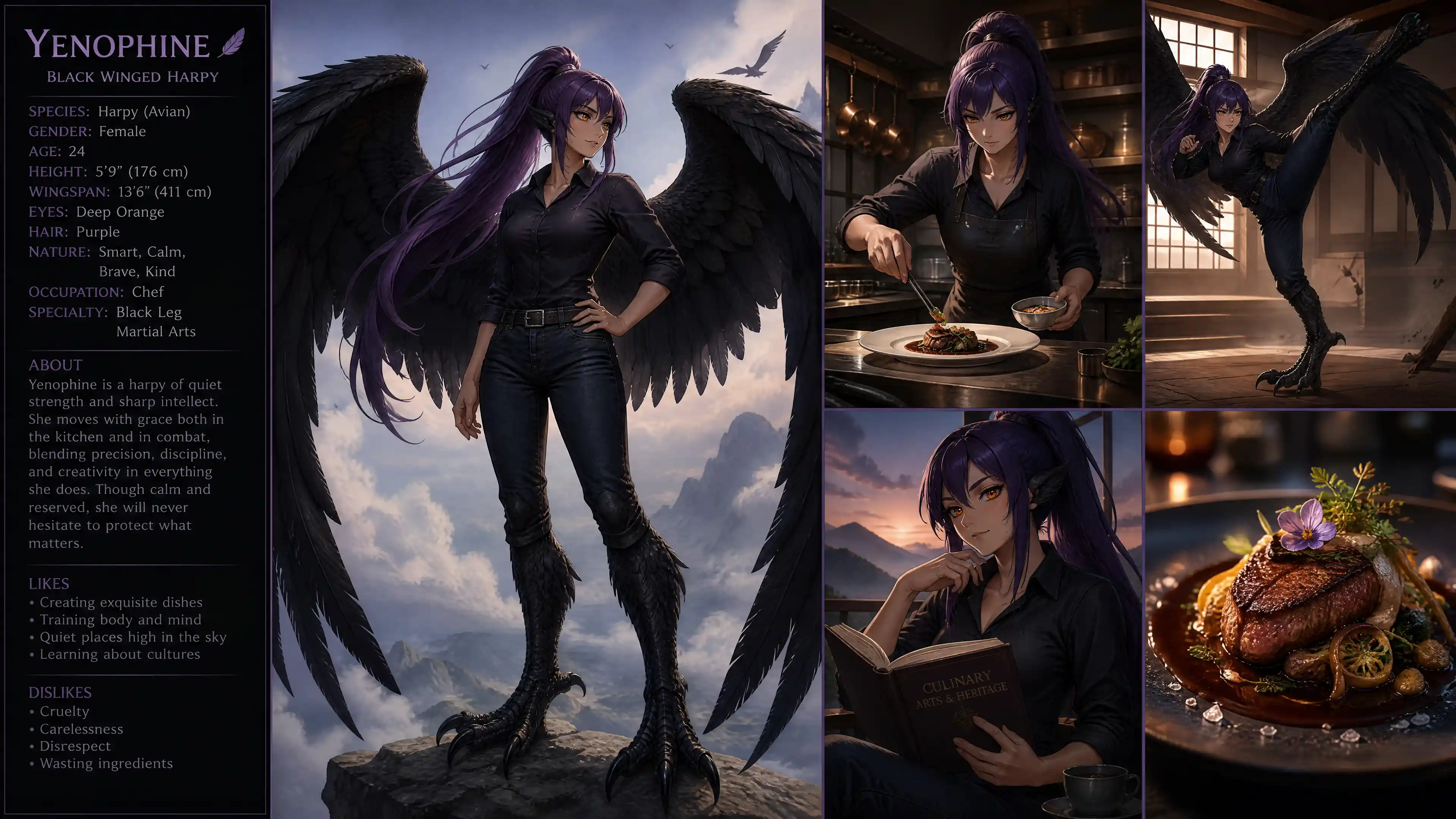 Calm purple haired harpy woman in casual modern clothing