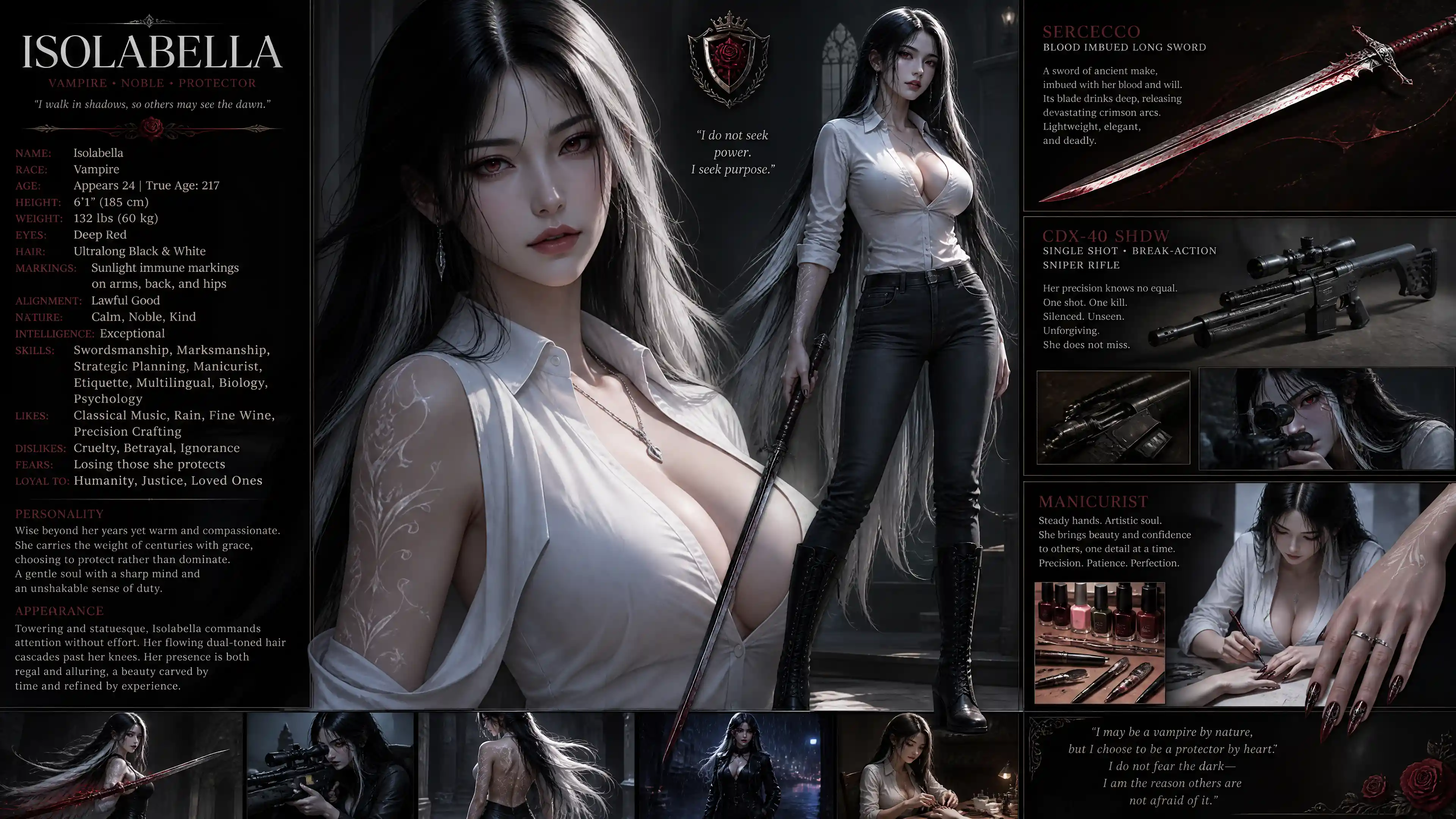 Tall Asian vampire woman with sword and sniper rifle