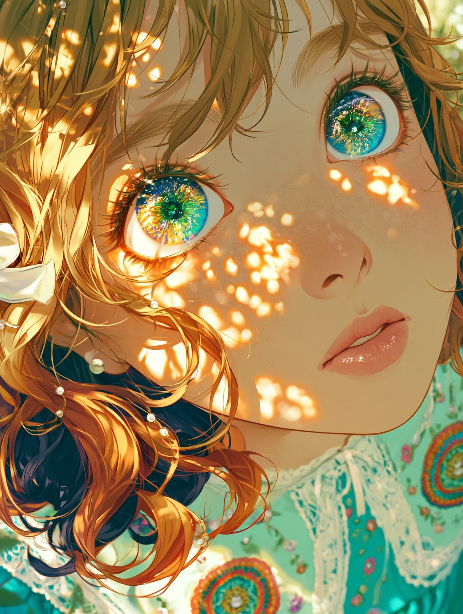 Anime woman close up with luminous multicolored eyes