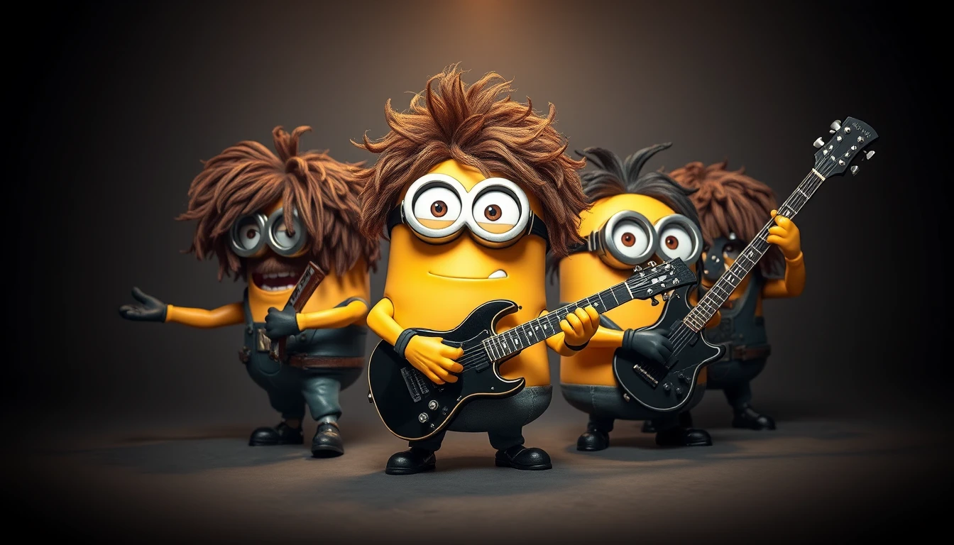 Cartoon rock band of minion like monsters with instruments
