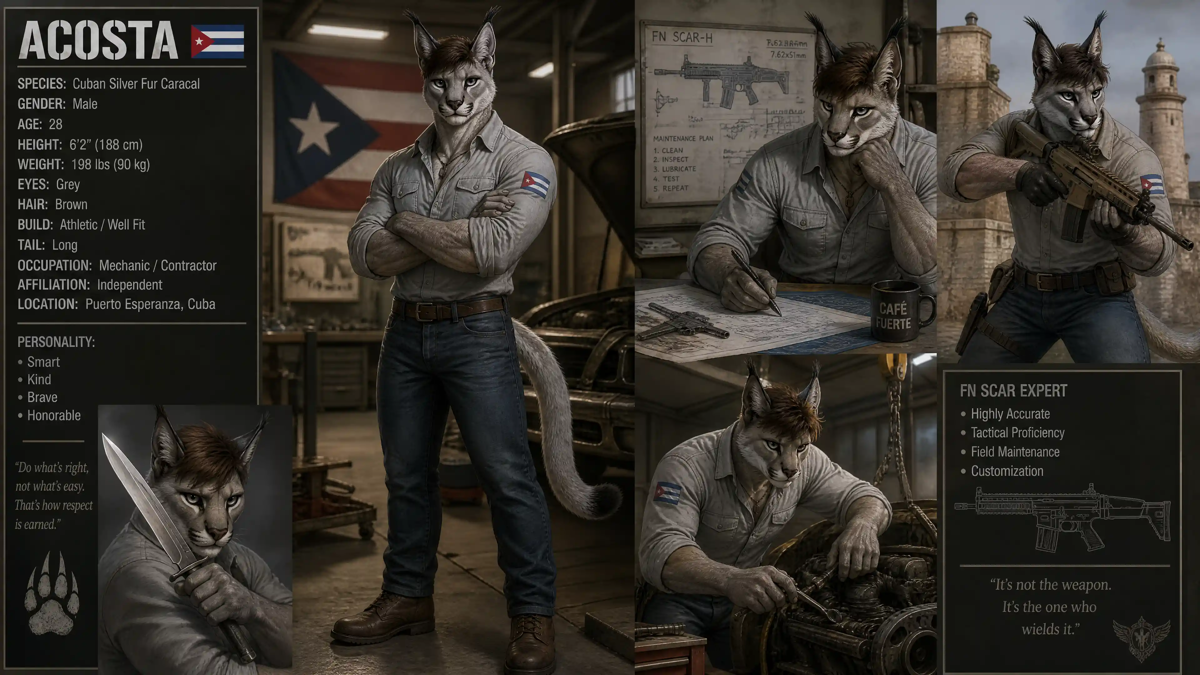 Anthro Cuban caracal male with rifle and bowie knife