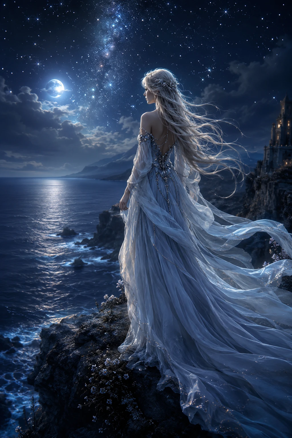 Ethereal woman on cliff under a glowing starry sky