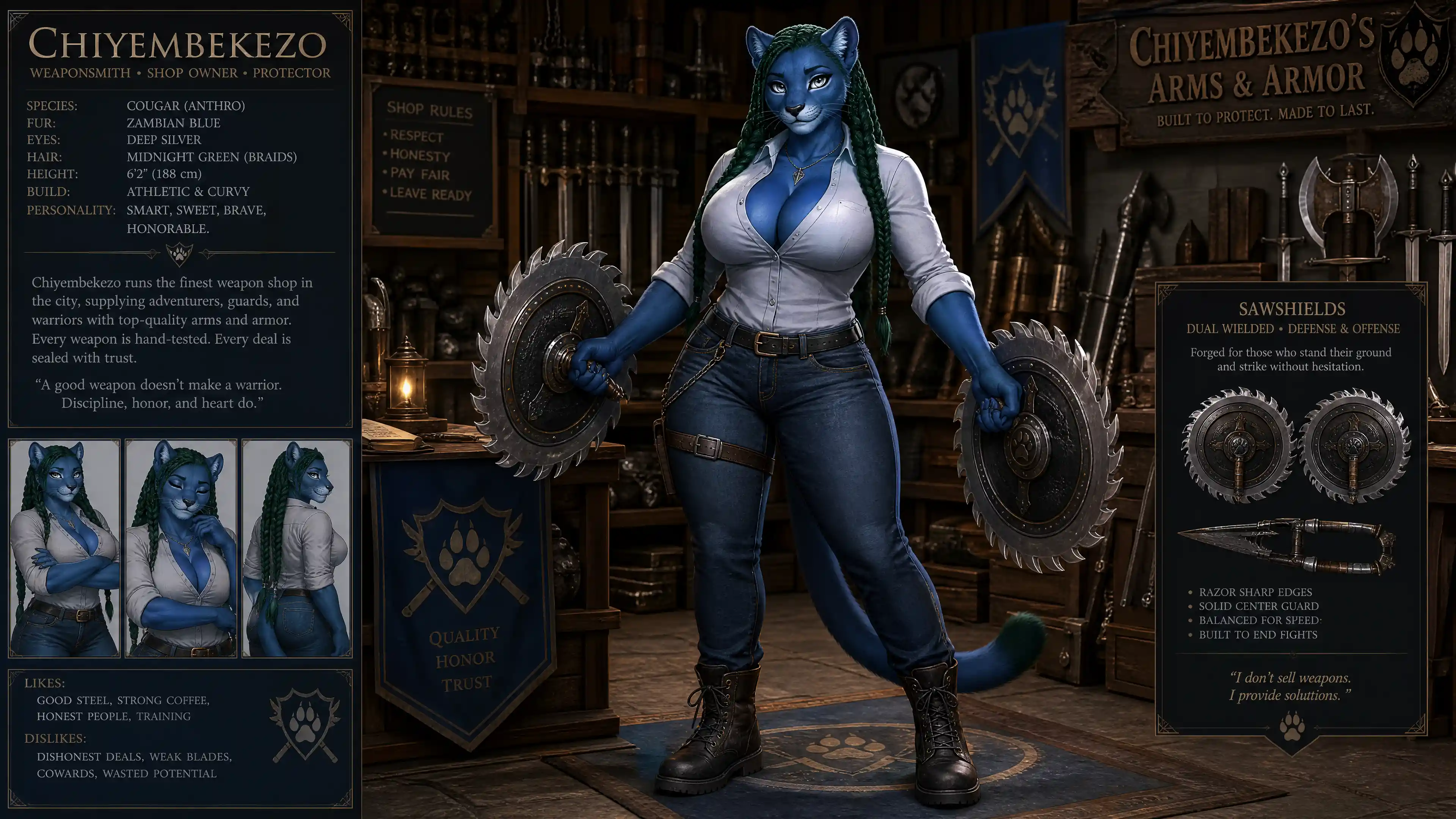 Anthro blue cougar woman with sawshield weapons in shop