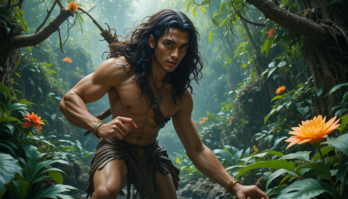 Clumsy jungle hero stumbling through a chaotic fantasy world