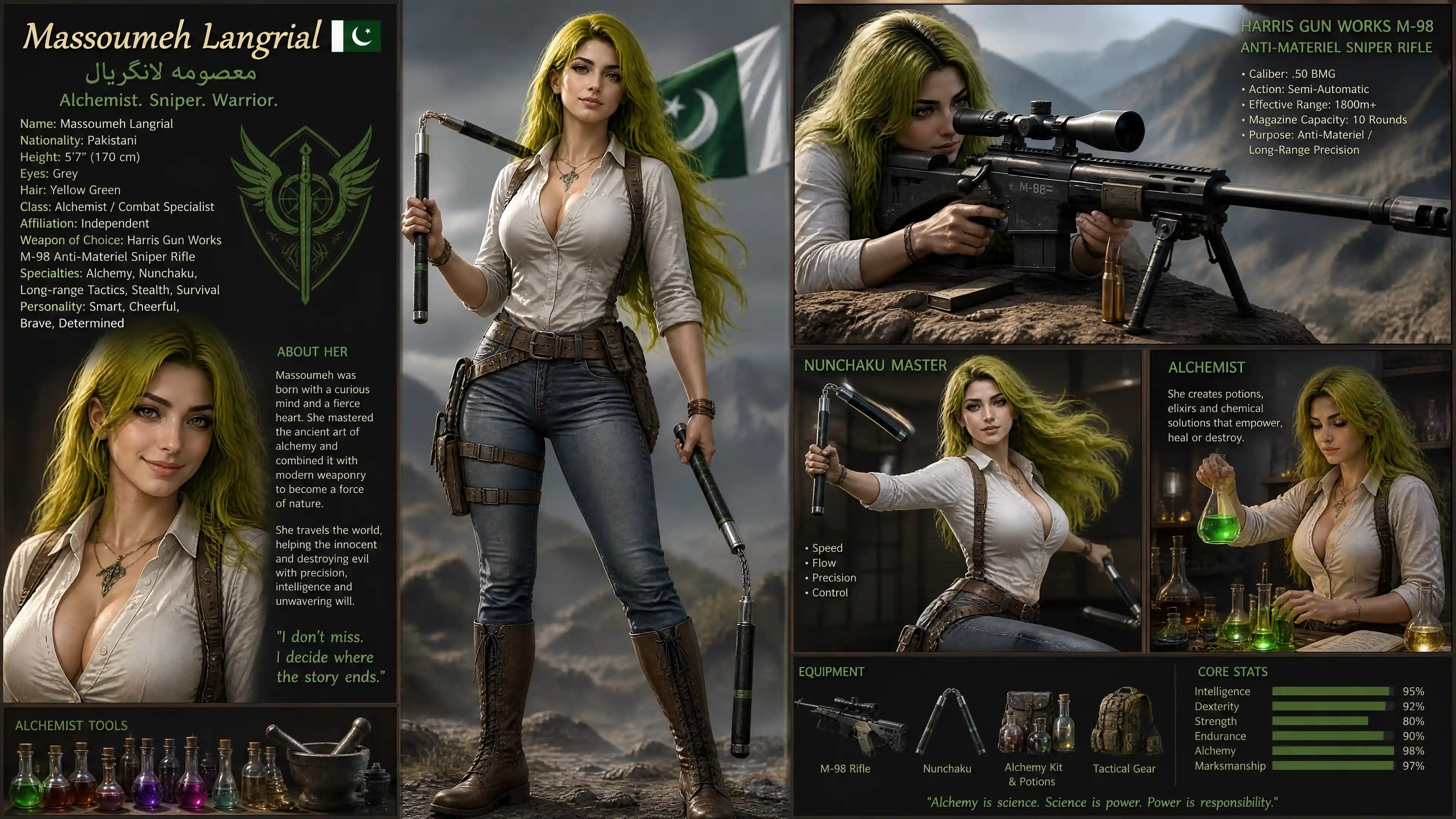 Cheerful fantasy woman with long yellow green hair and rifle