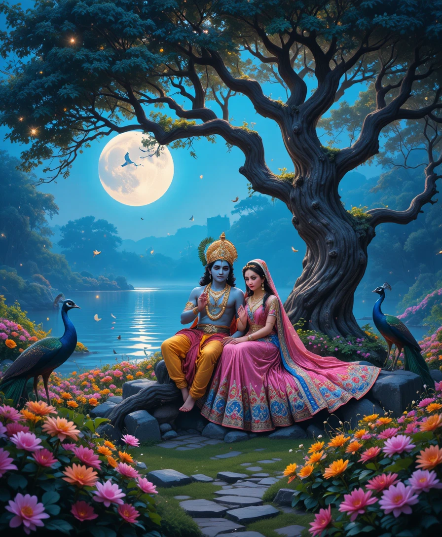 Divine couple under a moonlit tree by the riverside