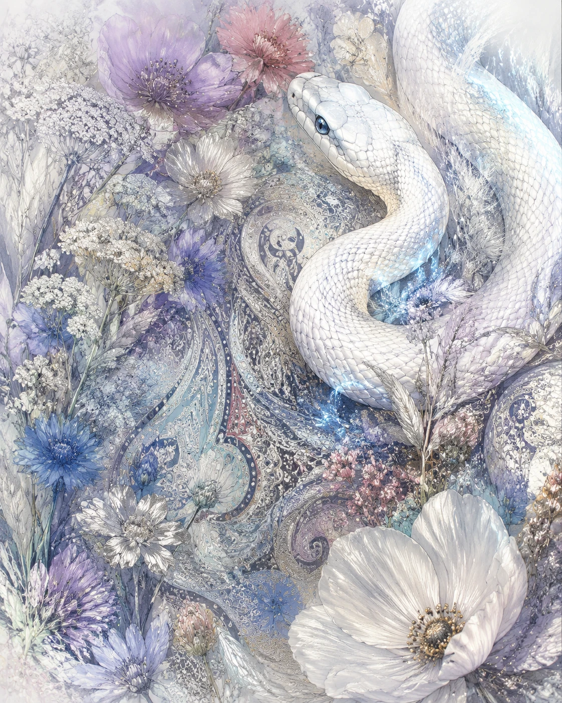Primer plano de pradera floral con ilustración de serpiente blanca luminosa