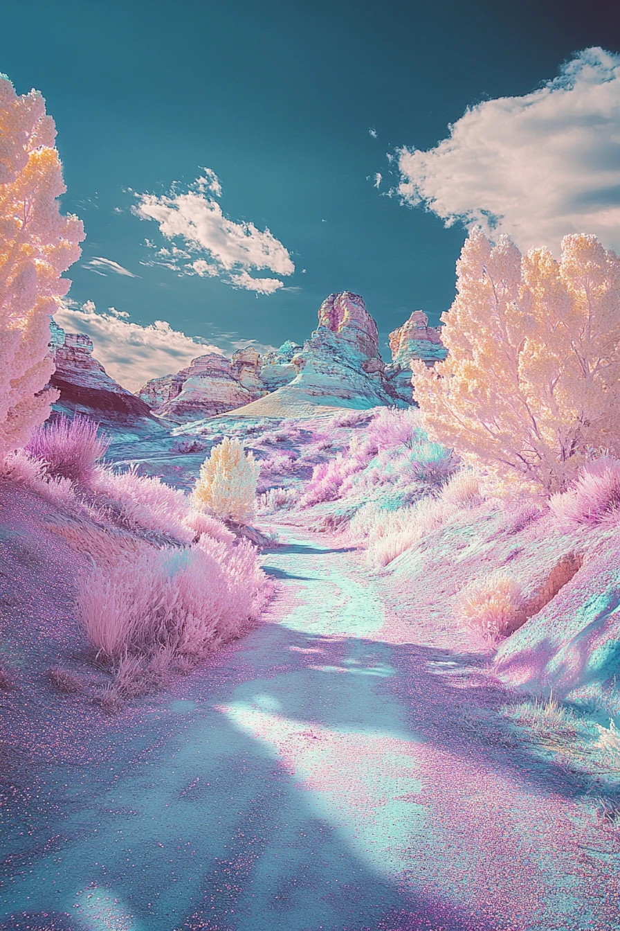 Surreal cheerful landscape with soft pastel metallic tones