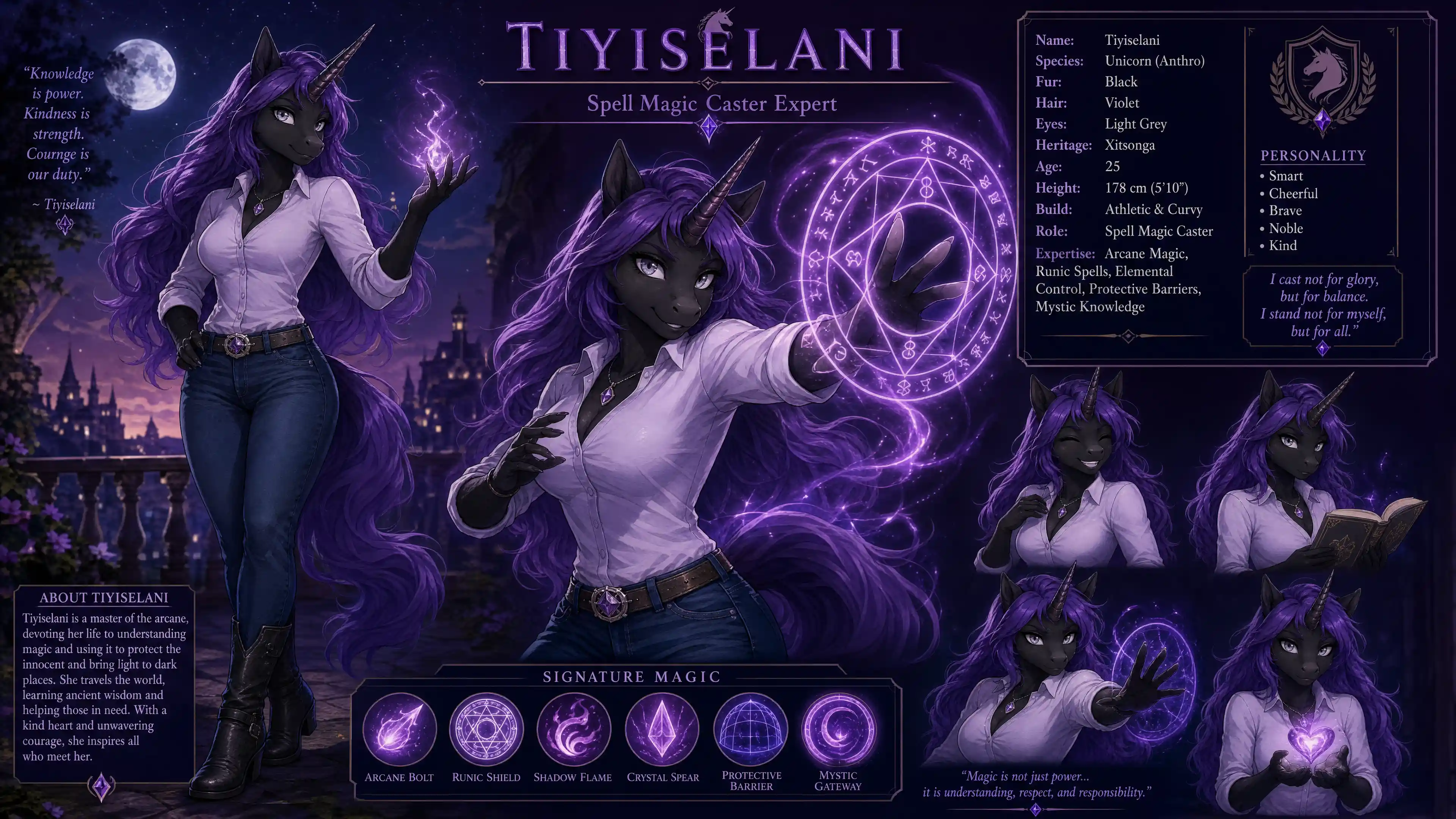 Cheerful anthro unicorn girl casting powerful magic spell
