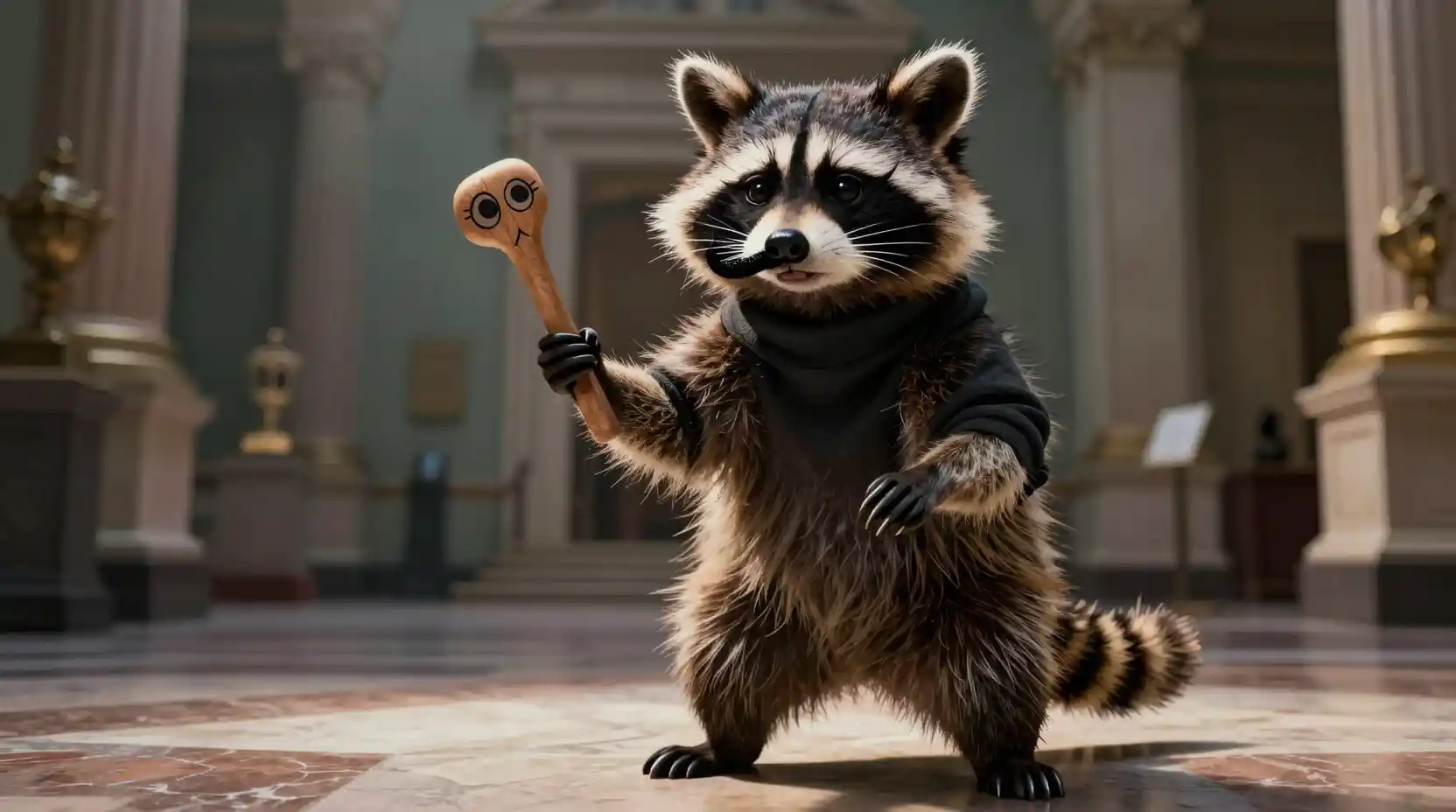 Cinematic raccoon supervillain heist inside a grand museum