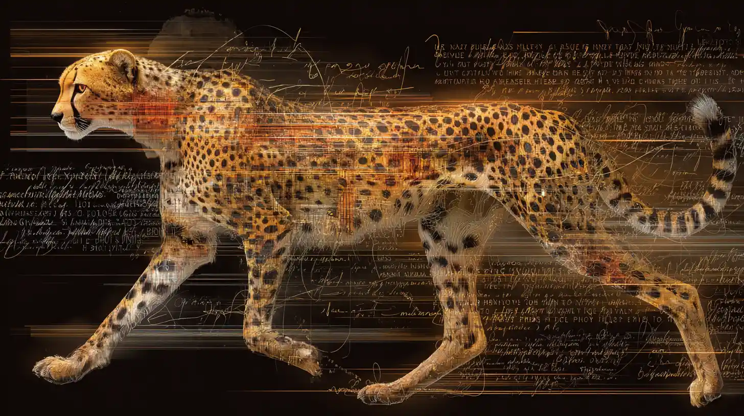 Cheetah in motion dissolving into glowing surreal script