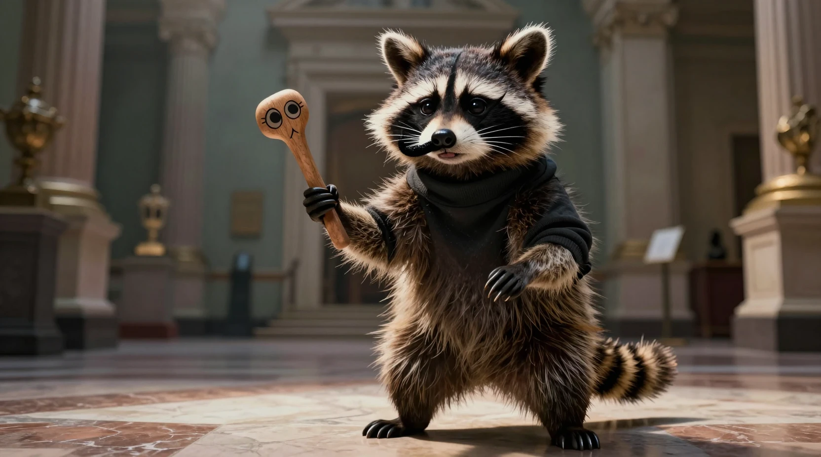 Cinematic raccoon supervillain heist inside a grand museum