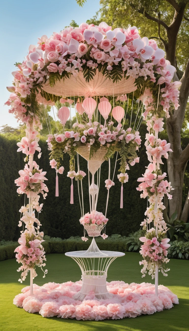 Crochet hot air balloon in a lush pink fantasy flower garden