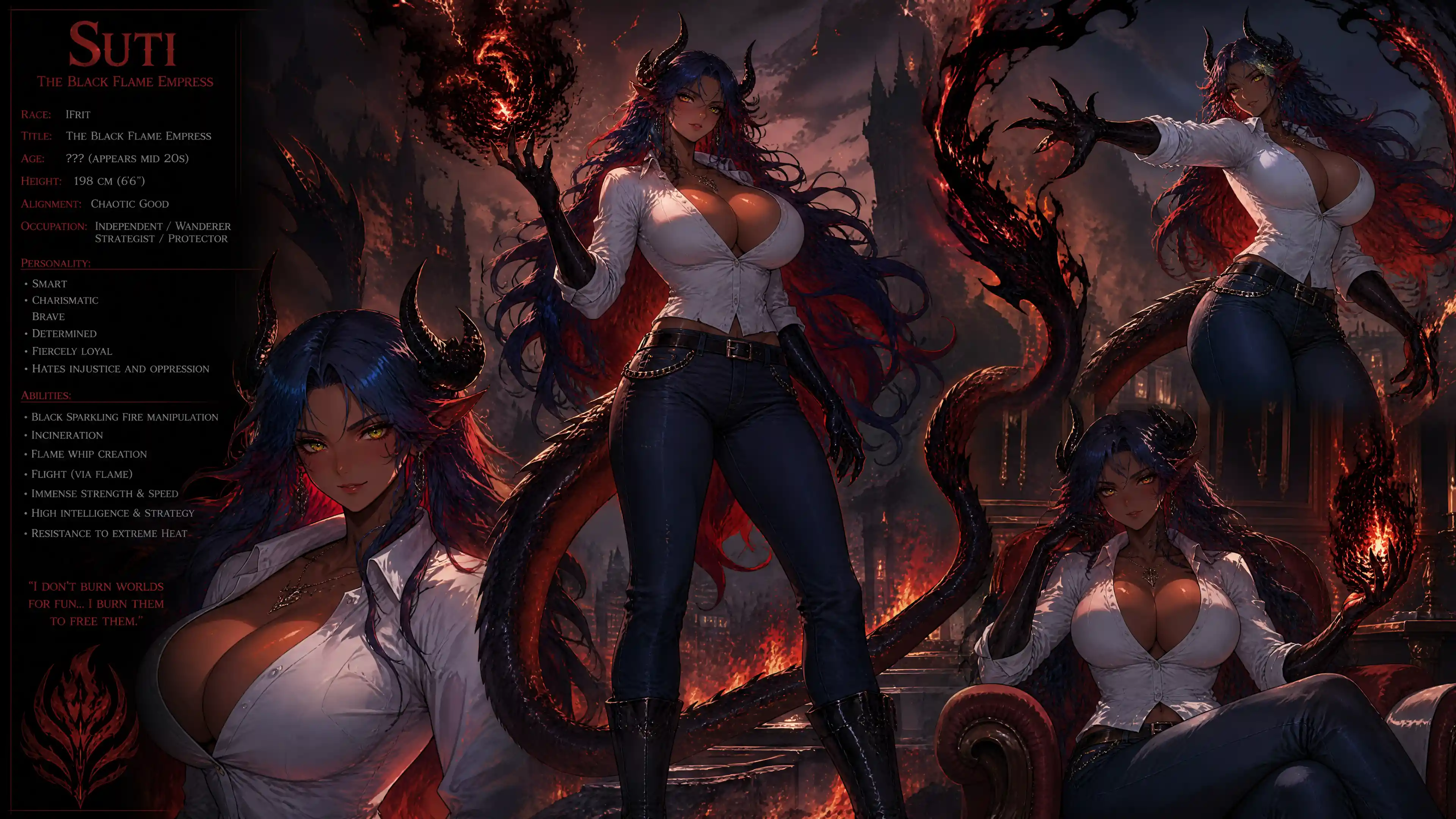 Tall horned fantasy woman with fiery demonic aura