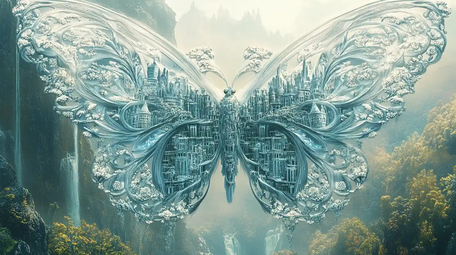 Butterfly queen with hidden fantasy worlds in her wings