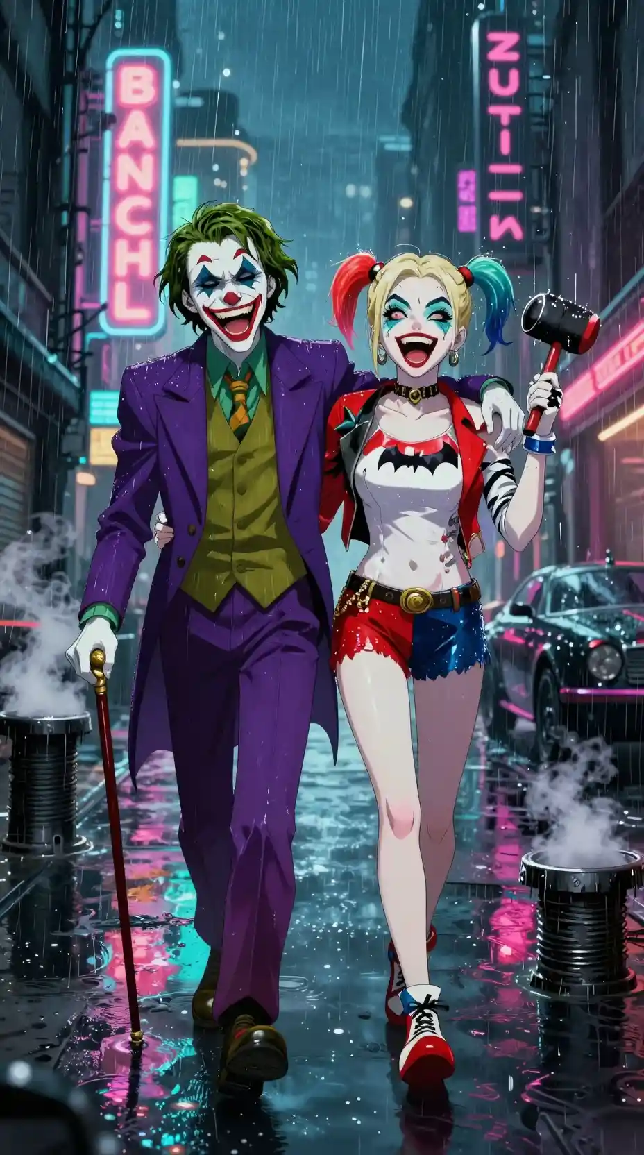 Villain couple walking through rainy neon Gotham street