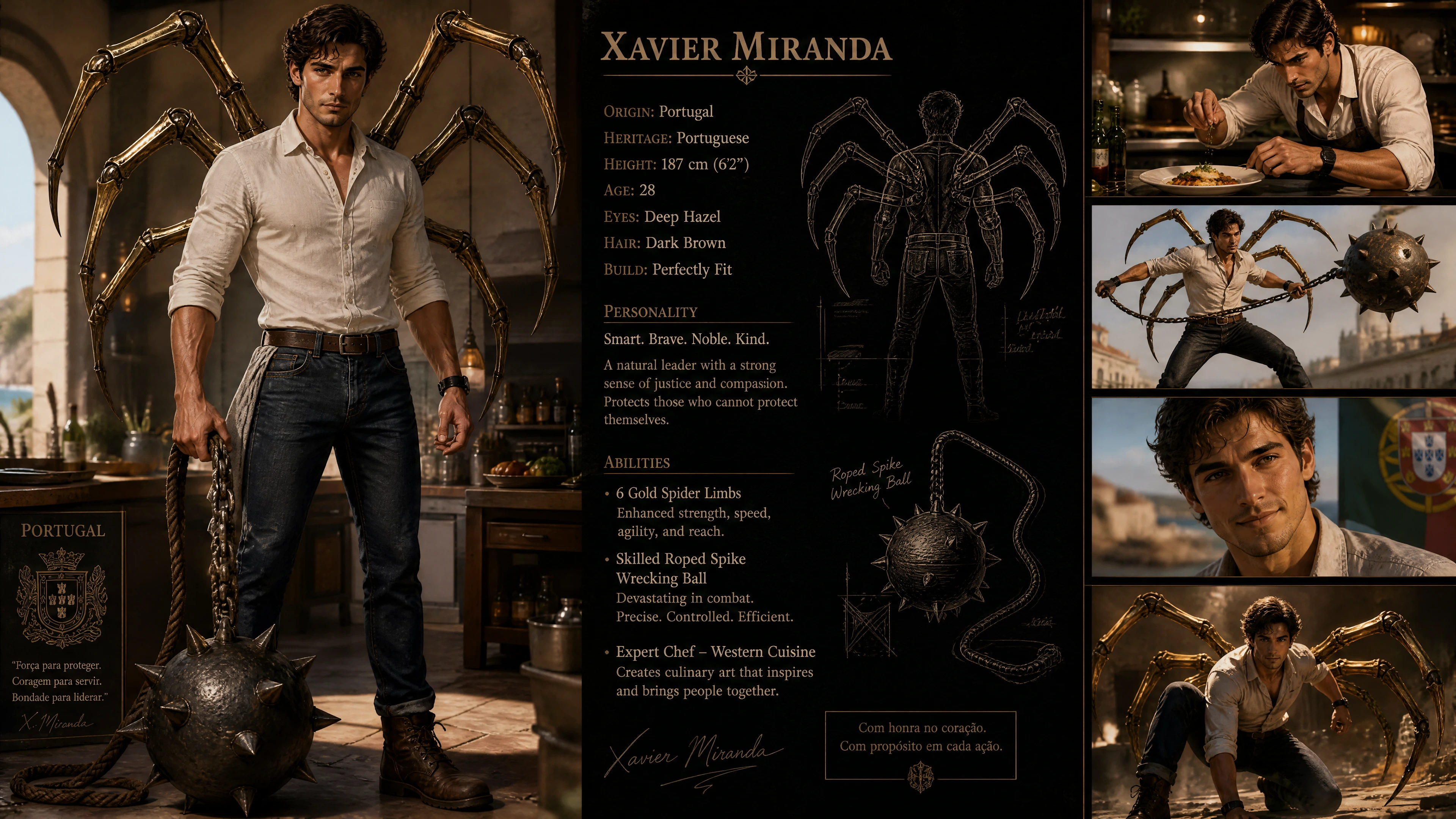 Heroic man with golden spider limbs and casual outfit