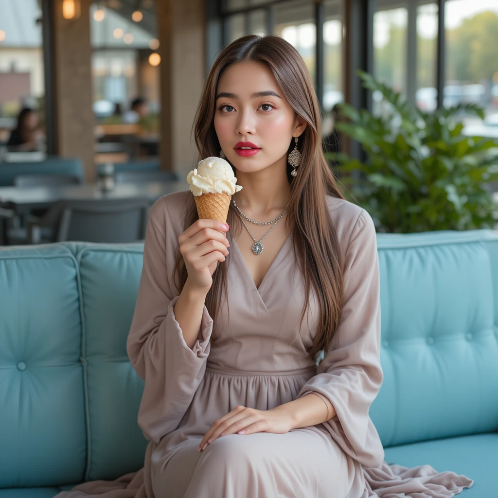Stylish Dutch woman relaxing with vanilla ice cream