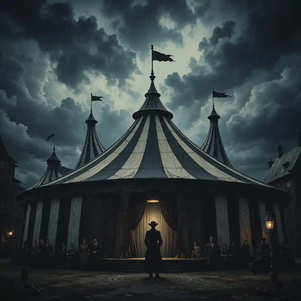 Vintage circus tent under a stormy sky with dark silhouette