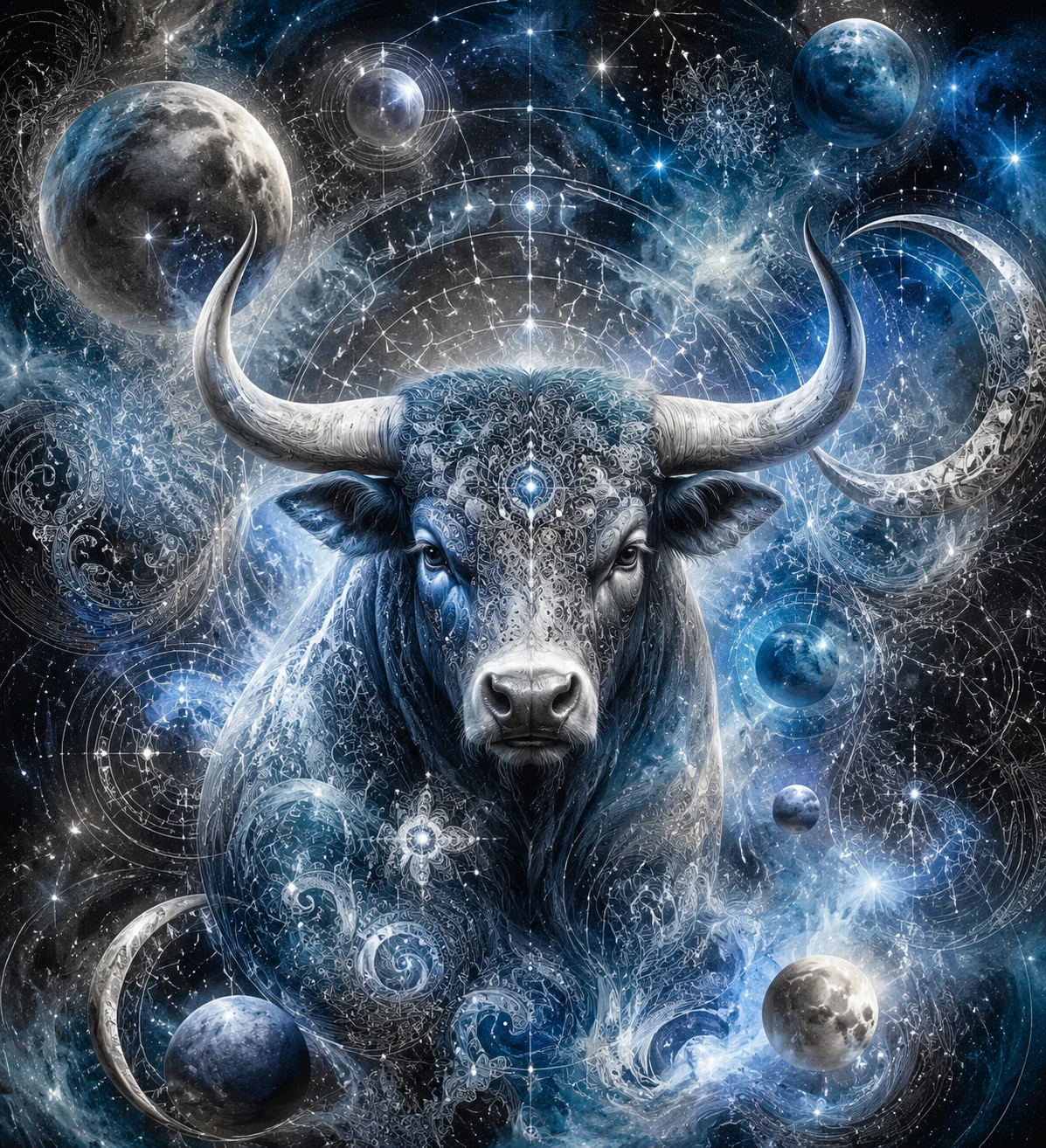 Luminous bull zodiac illustration with cosmic celestial background