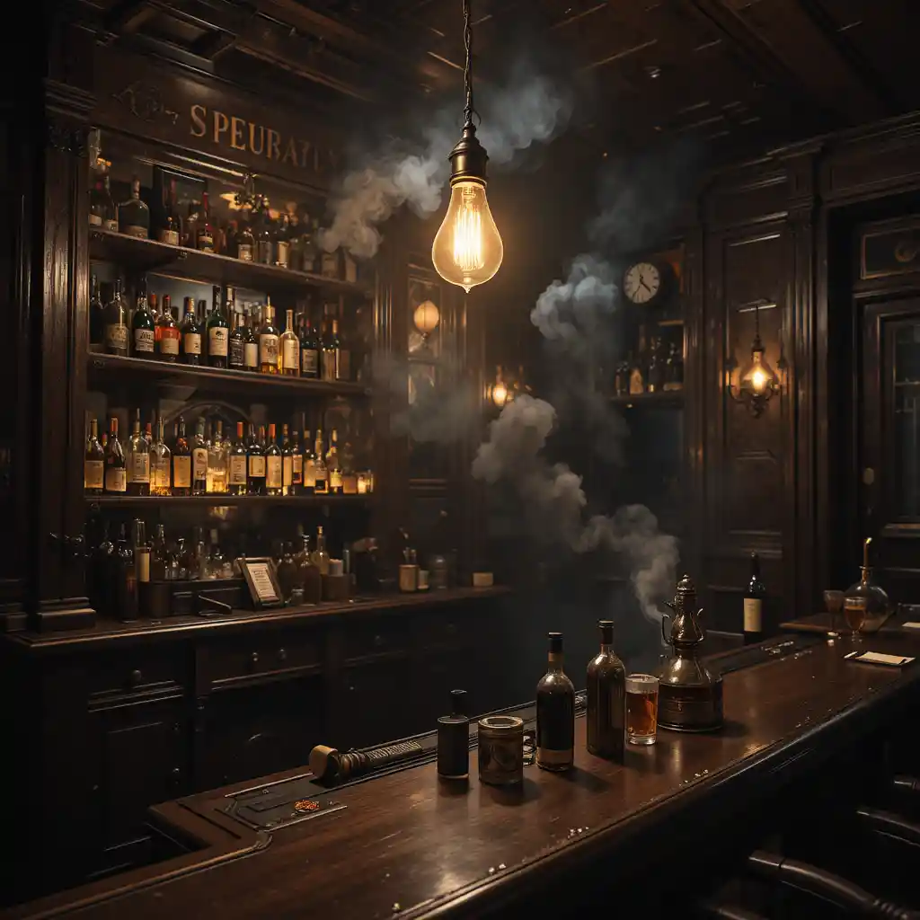 Moody speakeasy bar with vintage bulb and polished counter