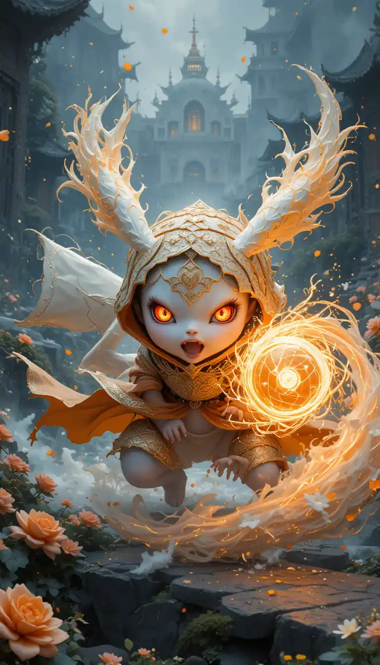 Majestic spirit creature before a white palace river bridge