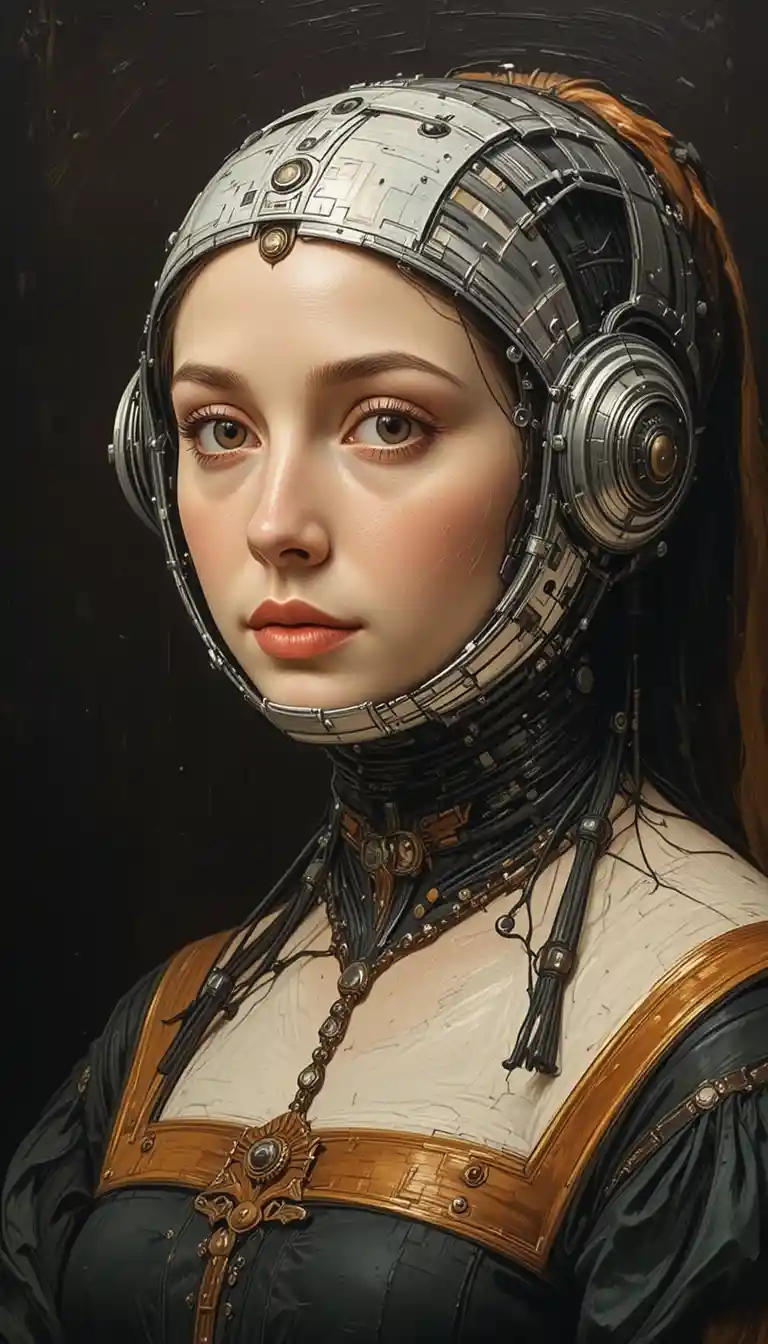Renaissance style portrait with futuristic cybernetic helmet