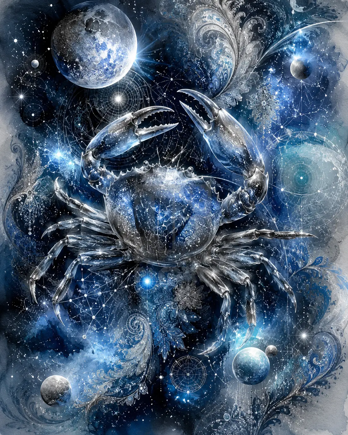Leuchtendes Krebs-Sternzeichen mit kosmischer Sternkarte im Hintergrund