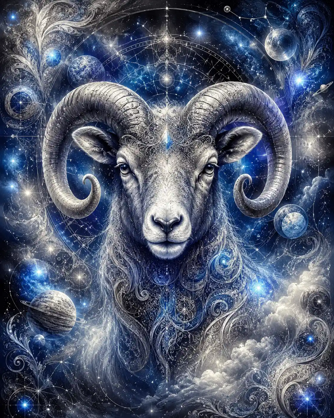 Luminous ram zodiac moodboard with cosmic silver details