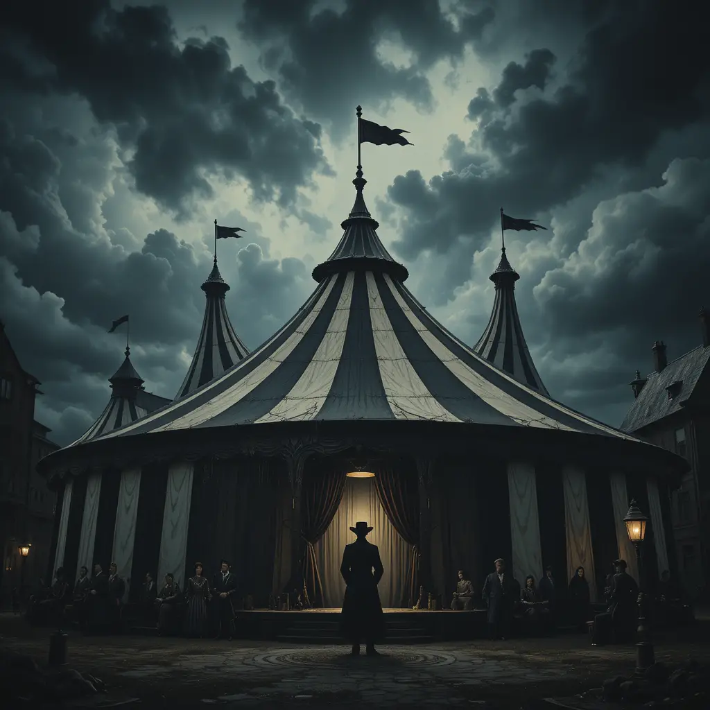 Tenda da circo vintage sotto un cielo tempestoso con silhouette scura