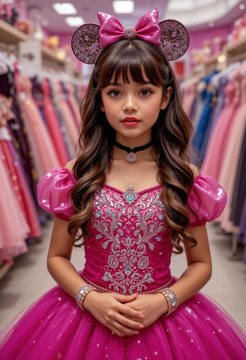Shy tween girl in pink Minnie dress at boutique