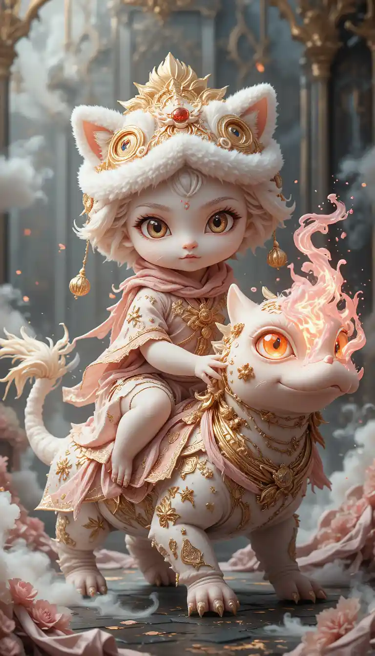 White kitten spirit warrior riding a mythical beast