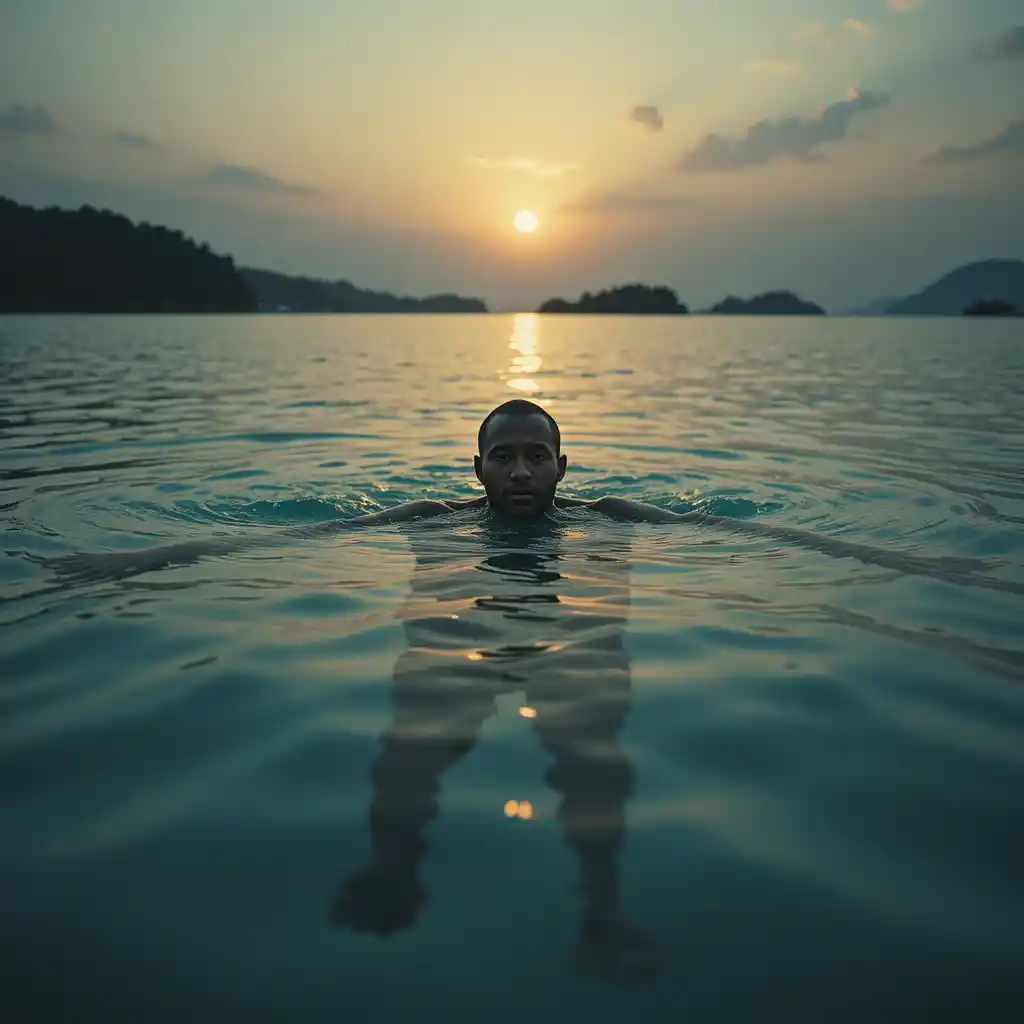 Man swimming through a tranquil lagoon at sunset
