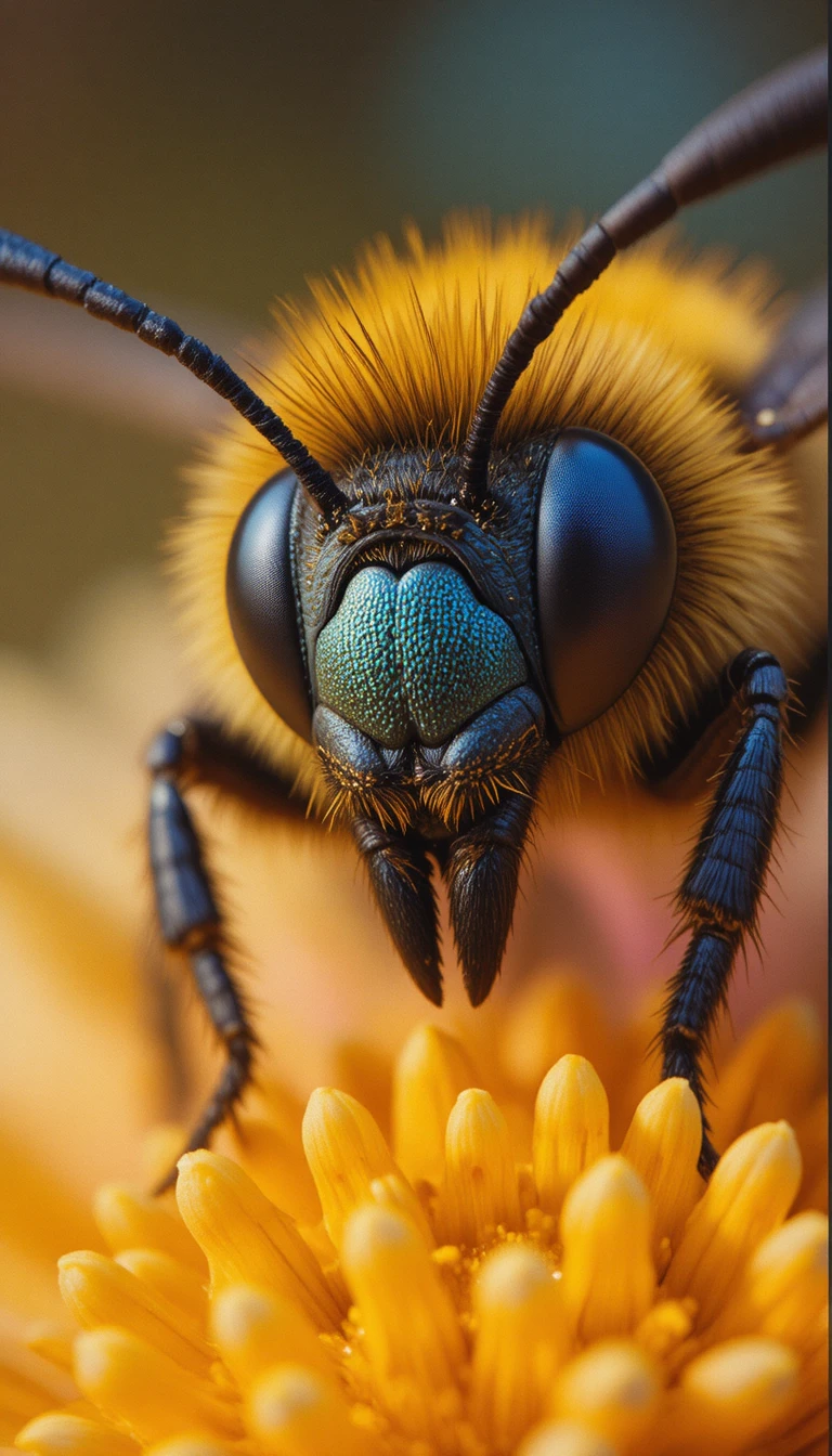 Close up fantasy bee resting on a colorful flower